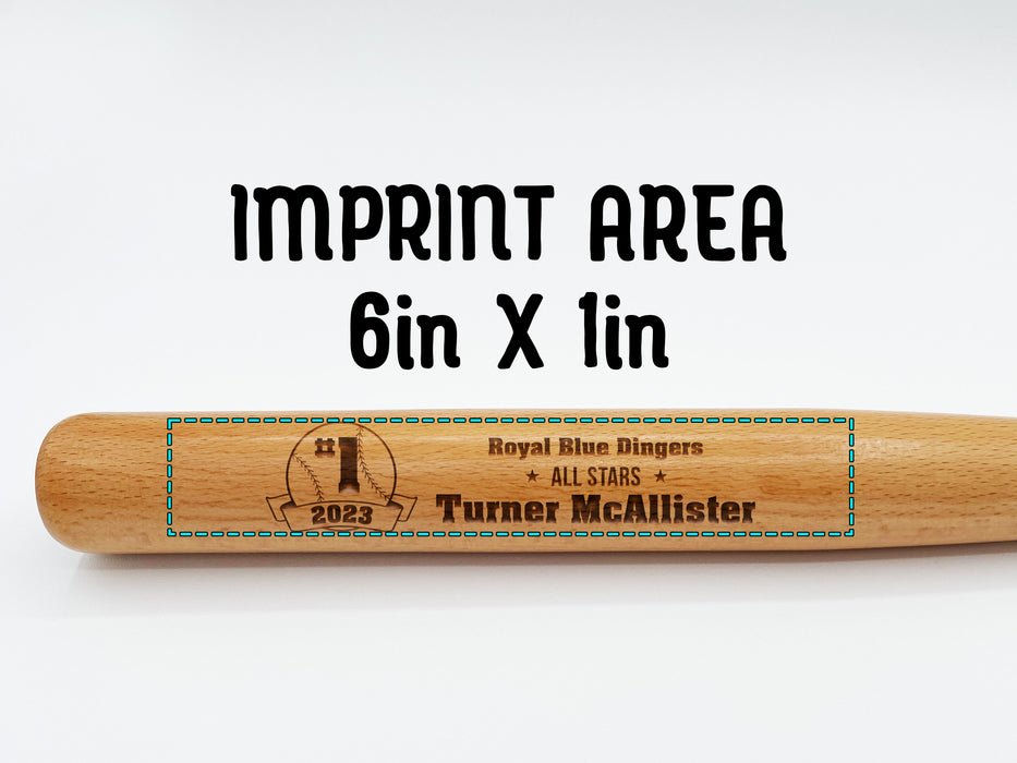 wooden mini baseball bat with custom laser engraved design that features a baseball team design with a team name and says "#1 2023, Royal Blue Dingers, All Stars, Turner McAllister" on a white surface with the words imprint area on it