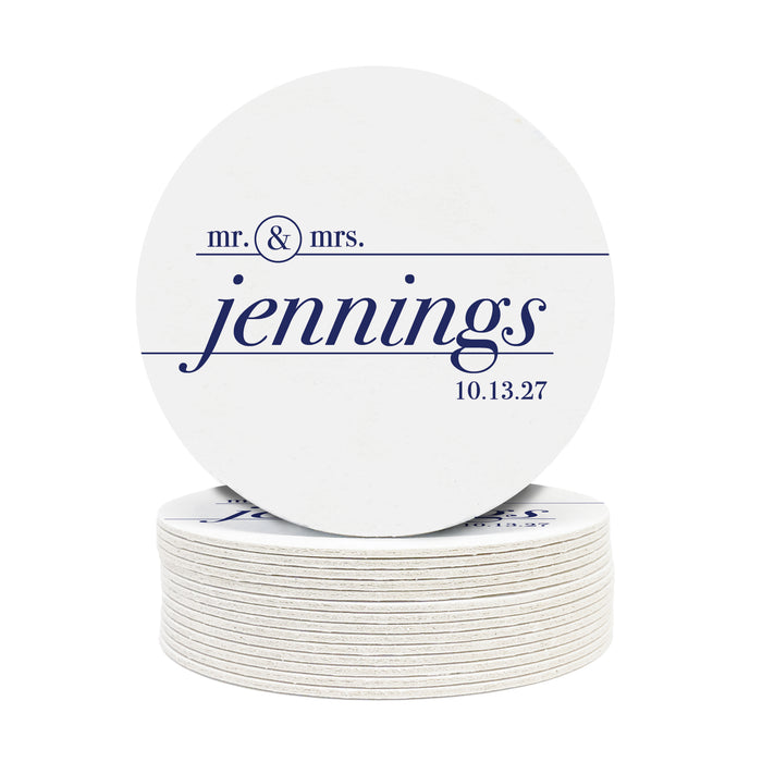 A stack of custom round coasters against a white background. Coasters feature a custom design with a wedding couple's last name and wedding date.