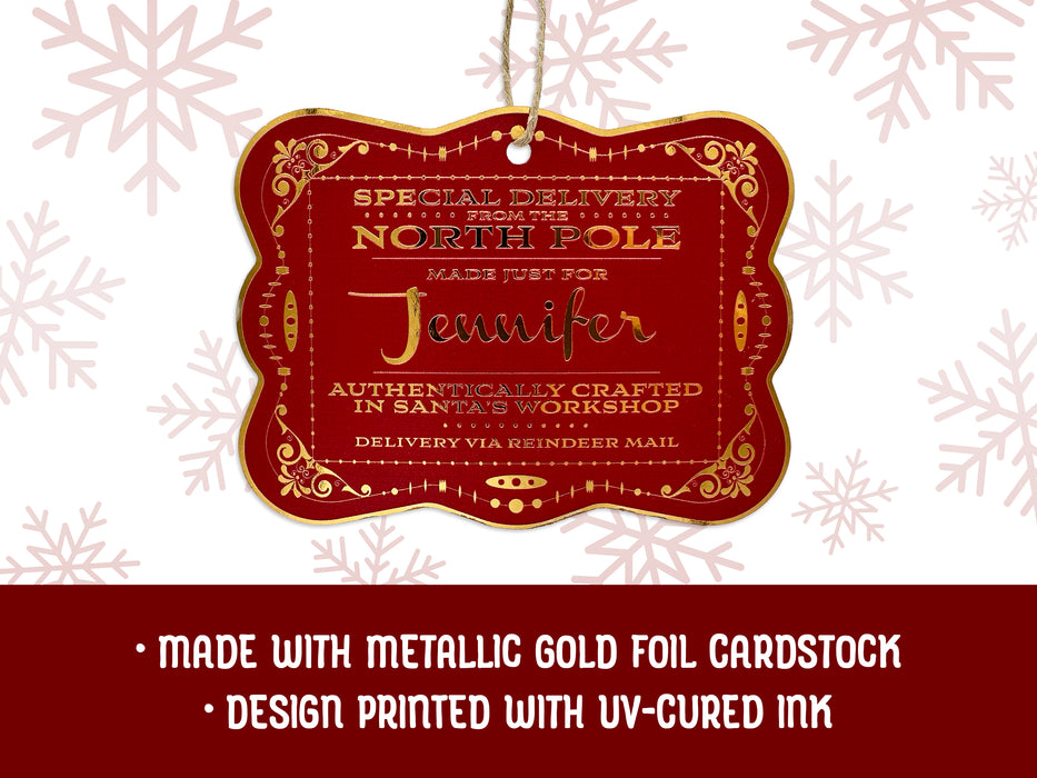 A gold foil cardstock hanging Santa gift tag is shown on a white background with red snowflakes. Text underneath the tag reads: Made with metallic gold foil cardstock, Design printed with UV-cured ink.