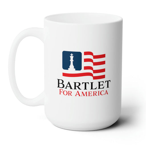 white mug on white background that has red white and blue patriotic American flag design with a king chess piece with Typography that says Bartlet for America