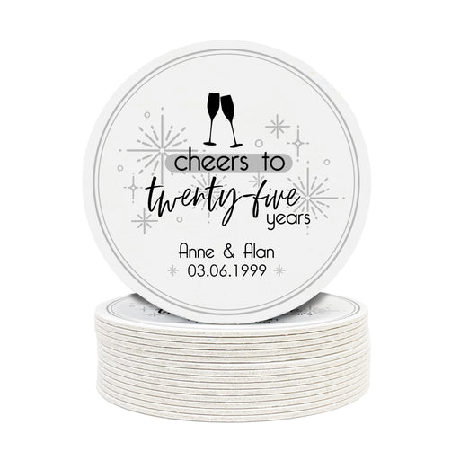 A stack of white coasters with cheers to twenty-five years and custom text printed on it.