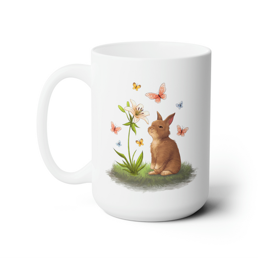 15 ounce white ceramic mug with easter artwork of a baby bunny and a lily surrounded by butterflies 