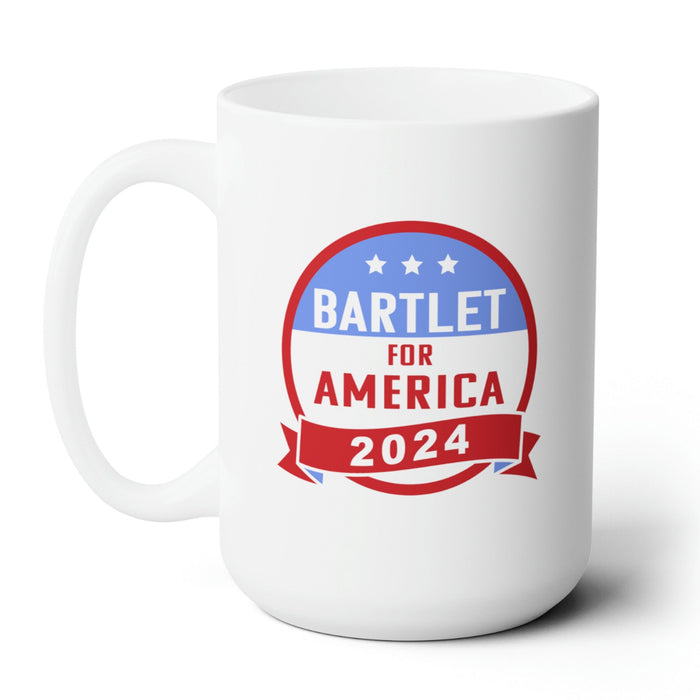 white mug on white background that has red white and blue patriotic American design with stars with Typography that says "Bartlet for America 2024"