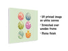 12x12 canvas with colorful easter artwork of rows of eggs and a baby chick UV printed image on white canvas Stretched over a wooden frame Matte finish
