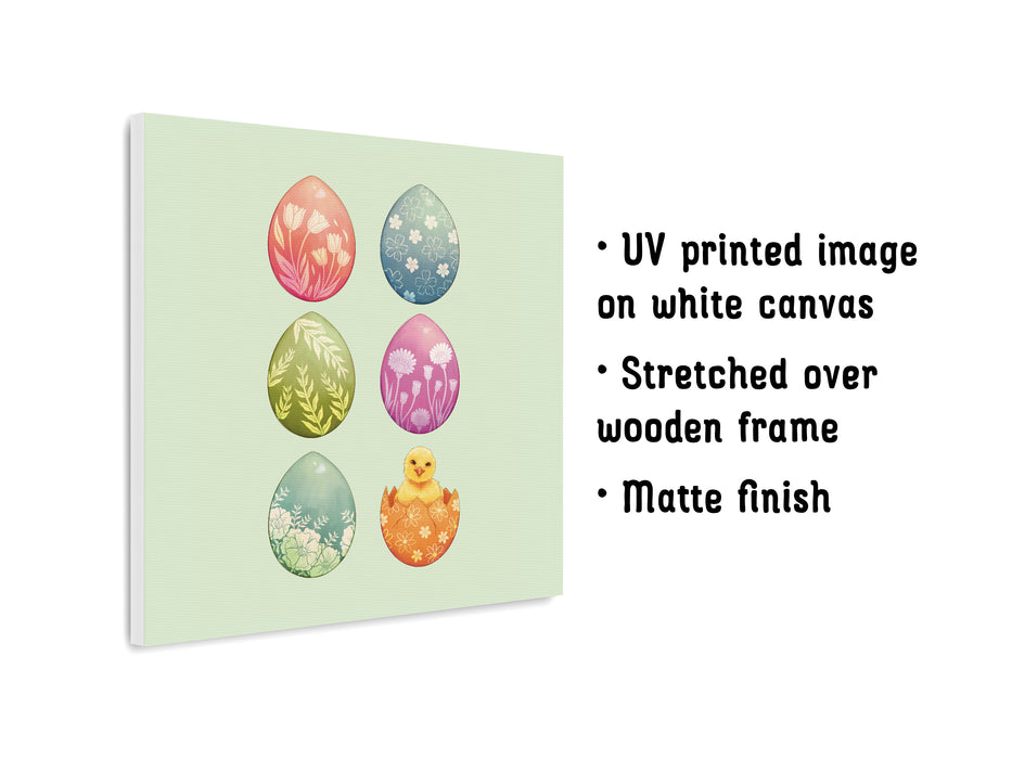 12x12 canvas with colorful easter artwork of rows of eggs and a baby chick UV printed image on white canvas Stretched over a wooden frame Matte finish