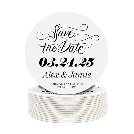 Stack of coasters with single coaster on top against a white background. Coasters say Save the Date, wedding date, married couple names, and formal invitation to follow.