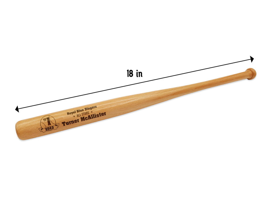 wooden bat measures 18 inches wooden mini baseball bat with custom laser engraved design that features a baseball team design with a team name and says "#1 2023, Royal Blue Dingers, All Stars, Turner McAllister" on a white surface