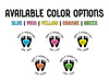 Available heart color options: blue, pink, yellow, orange, and green