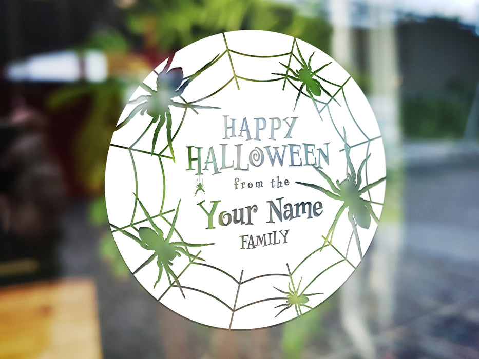 Personalized Happy Halloween Window Vinyl Decal | Spider Web Design