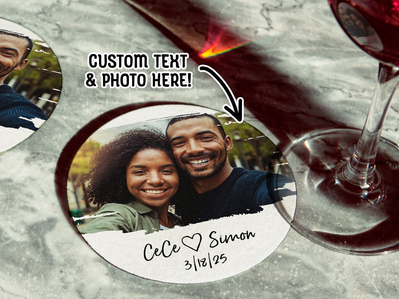 A stack of white round coasters with a picture of a couple and custom text on it.