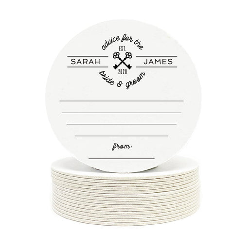 Single coaster is shown on top of a stack of coasters. Coasters are white and feature Advice for the Bride and Groom design. This design says Advice for the Bride and Groom, EST. 2020, and married couple's first names. Decorative keys are included in the design. These coasters also have lines printed on them to write advice and has an area to write who the advice is from.