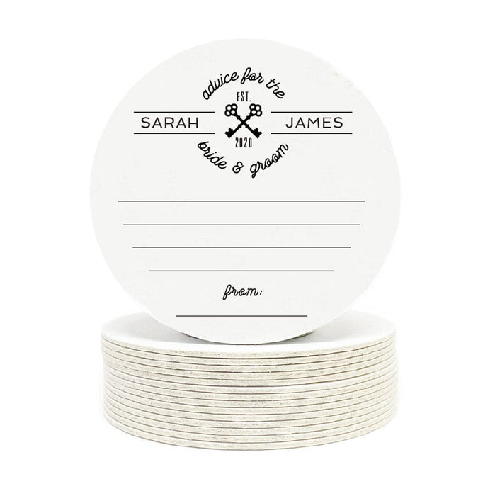 Single coaster is shown on top of a stack of coasters. Coasters are white and feature Advice for the Bride and Groom design. This design says Advice for the Bride and Groom, EST. 2020, and married couple's first names. Decorative keys are included in the design. These coasters also have lines printed on them to write advice and has an area to write who the advice is from.