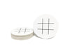 Single coaster is shown sitting next to a stack of coasters on a white background. Coasters feature Tic Tac Toe design. This design has a tic tac toe game printed in black on white coasters.
