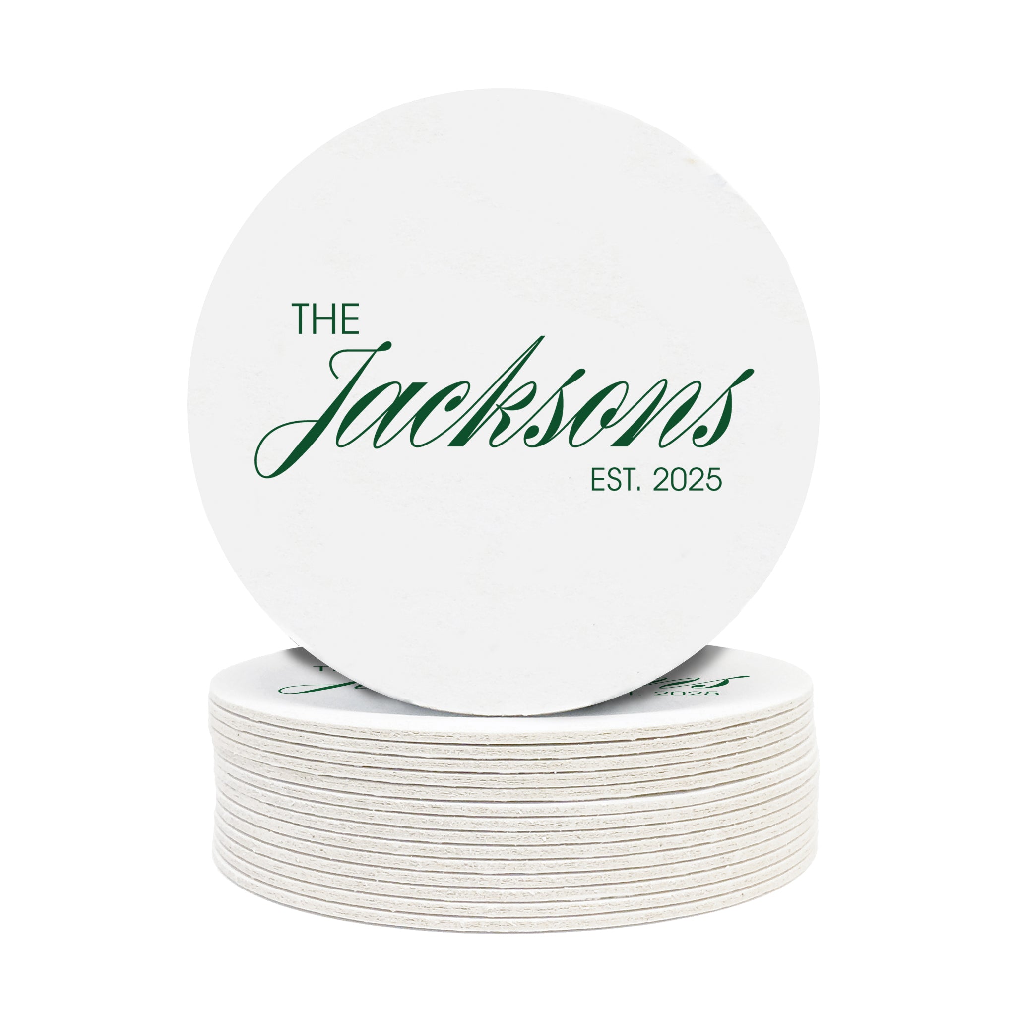 A stack of coasters are shown on a white background. Coasters feature Formal Last Name and Established Date design. This design has a white background and the happy couples last name and wedding year in emerald green writing.