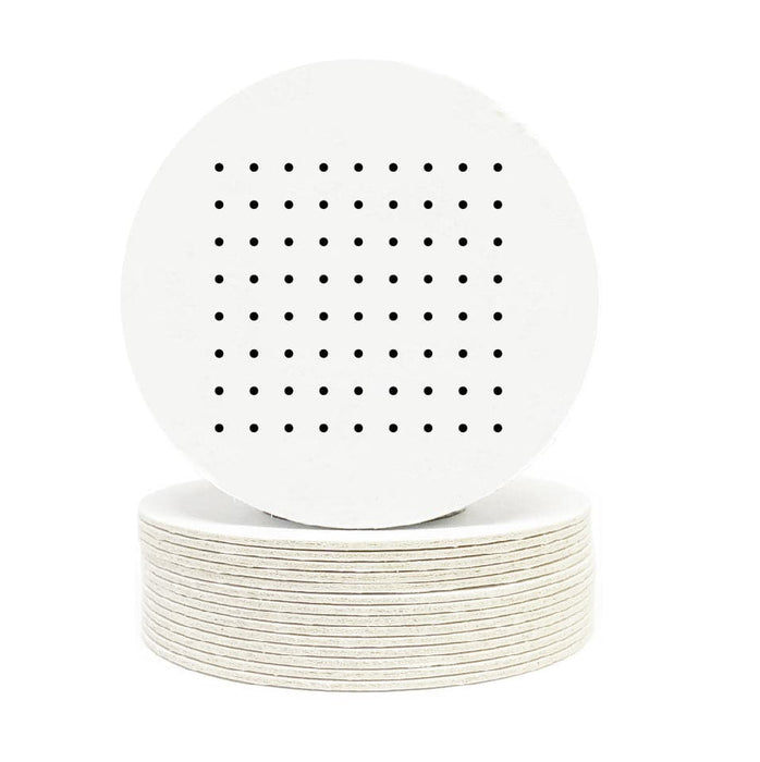 Single coaster is shown on top of a stack of coasters on a white background. Coasters feature Dots and Boxes Game design. This design has black dots printed on white coasters.