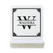 Single coaster is shown on top of a stack of coasters on a white background. Coasters feature Framed Monogram Family Name design. Design has a square ornamental frame around a monogram for the last name "Walters". Design is printed on a white coaster.
