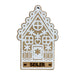 Ornament shown with Gingerbread House design. The ornament is wooden and shaped like a gingerbread house. A name and year are laser engraved into ornament.