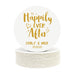 Single coaster is shown on top of a stack of coasters on a white background. Coasters feature Happily Ever After design. Design shows the text “Happily Ever After” with couple’s names. Design is printed in gold on a white round coaster. These coasters also feature illustrative hearts and dots on them.