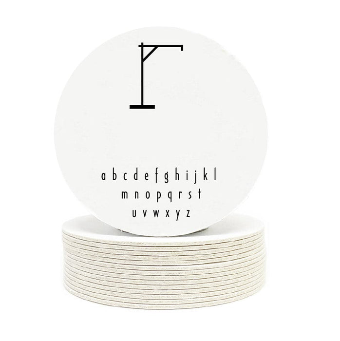 Single coaster is shown on top of a stack of coasters on a white background. Coasters feature Hangman Game design. This design has a hangman game printed in black on white coasters.
