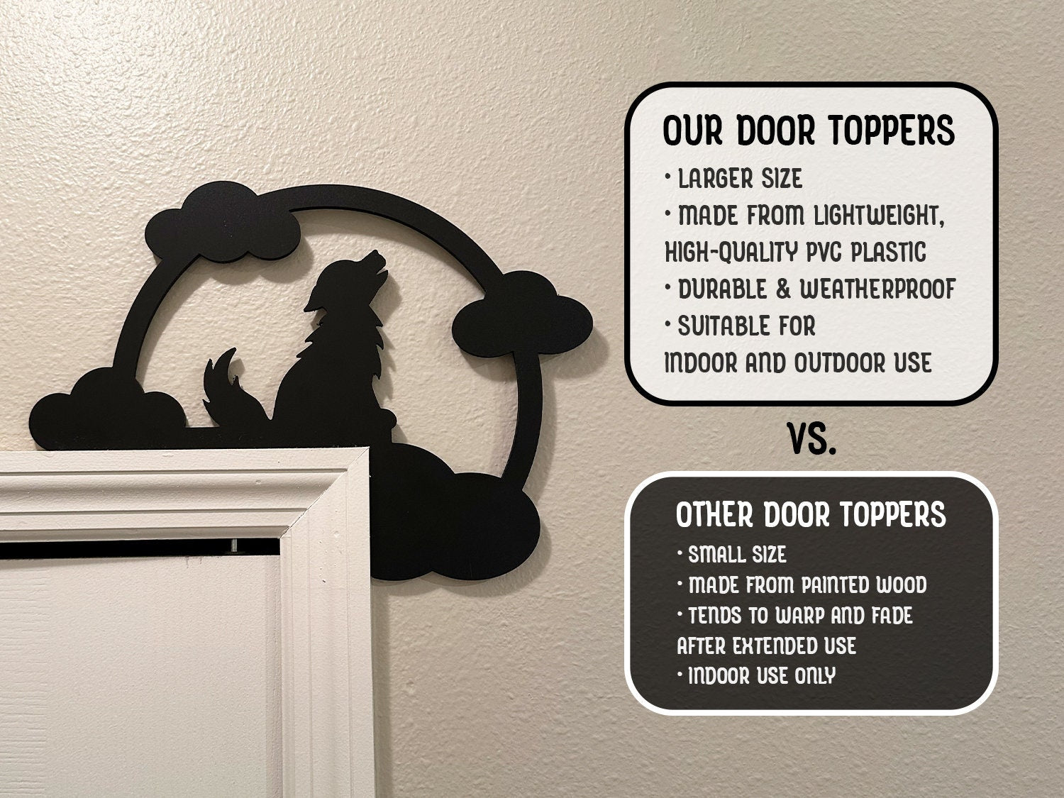 A black door frame topper, designed with the silhouette of a howling wolf, full moon, and clouds, is seen on top of a white door frame. The frame is covered in black spider webs and fake spiders. The beige wall behind has fake bats attached to it.