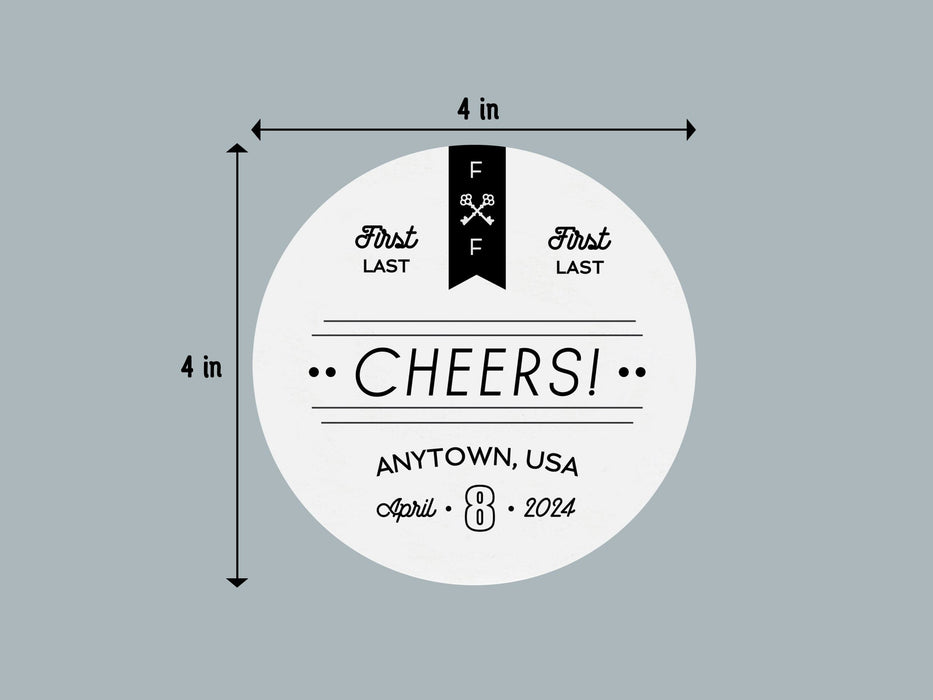 Single coaster with size measurements. Coasters feature CHEERS! Modern Wedding design. Coasters show married couple names and first name initials, the word “CHEERS!”, and the wedding location and date. Design is printed in black on a white coaster. These coasters also have decorative keys, lines, and dots on it. Coaster is sized to 4 inch width and 4 inch height.