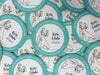 Multiple coasters spread in all different directions. Coasters say Please Don't Take My Drink, I'm Dancing in white around a teal border with an illustration of a married couple dancing beside their names and wedding date.