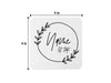 Single coaster with size measurements. Coasters feature Floral Family Name design. Design has a simple, circular, floral frame around the words "Name Est. Date". Design is printed on a white square coaster. Coaster is sized to 4 inch width and 4 inch height.