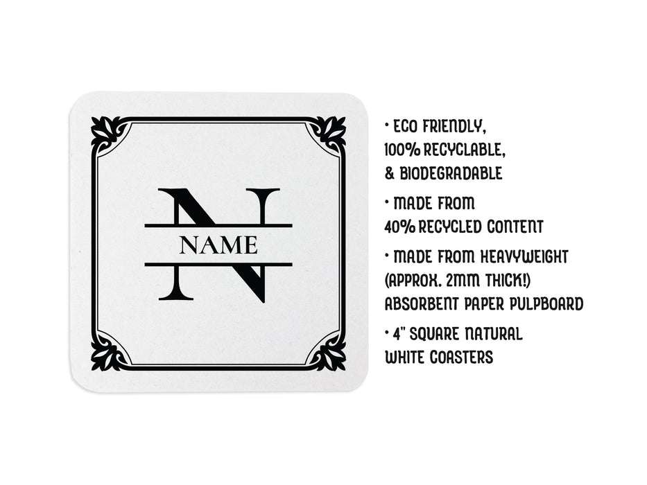 Single coaster beside text. Coaster features Framed Monogram Family Name design. Text to the right of coaster says: Eco friendly, 100% recyclable, & biodegradable, Made from 40% recycled content, Made from heavyweight (approx. 2mm thick!) absorbent paper pulpboard, 4 inch Round Natural White Coasters