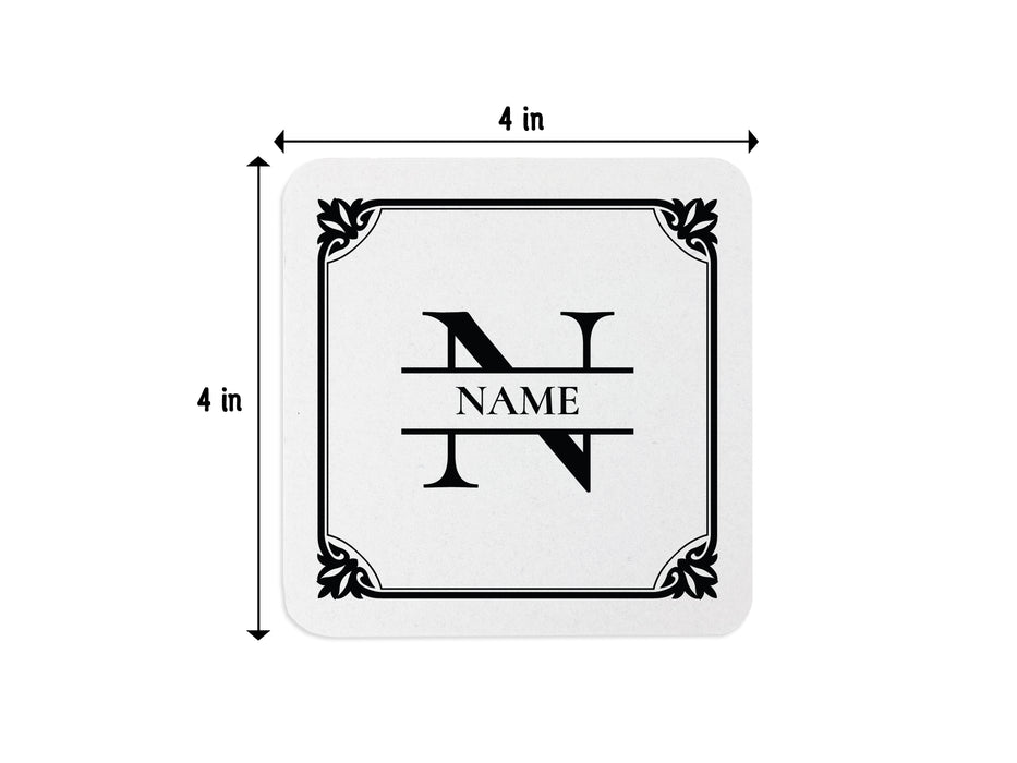 Single coaster with size measurements. Coaster features Framed Monogram Family Name design. Coaster is sized to 4 inch width and 4 inch height.