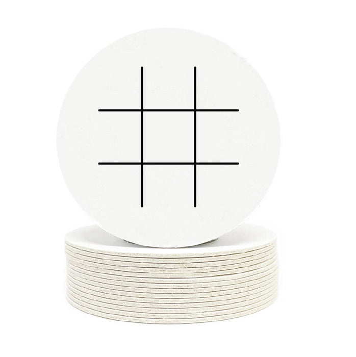 Single coaster is shown on top of a stack of coasters on a white background. Coasters feature Tic Tac Toe design. This design has a tic tac toe game printed in black on white coasters.