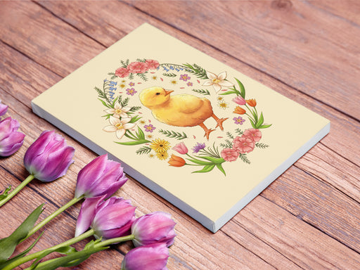 8x10 inch canvas with spring easter chick pastel easter art on white wall surrounded by spring decor such as potted flowers, bird houses, and a wooden bunny statue