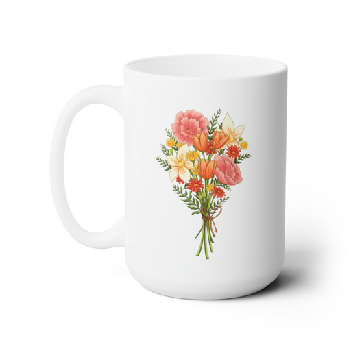 15 ounce ceramic mug featuring artwork of a bouquet of pastel spring flowers