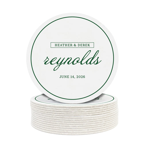 A stack of custom round coasters against a white background. Coasters feature a personalized design with the happy couple's first names, last name, and wedding date.