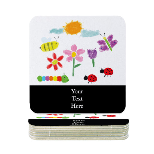 square paper coasters with kids artwork and custom text printed on the coasters that sats "Your Text Here"