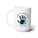 white ceramic mug that says happy first fathers day love Jack with a blue handprint design 