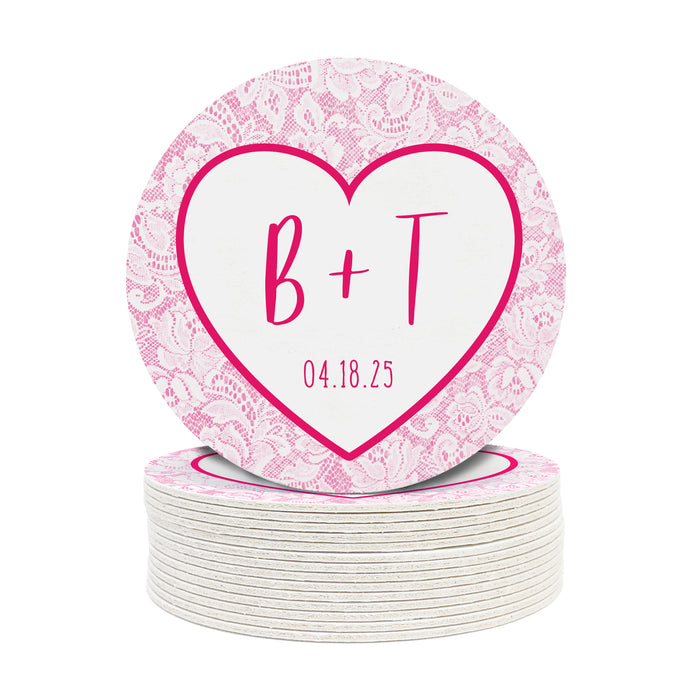 Personalized Hot Pink Heart and Lace Wedding Coasters