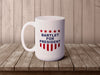white mug with red white and blue American design with typography that says Bartlet for president with Stars and Stripes on wooden table with a wooden wall