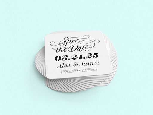 Stack of coasters swirled out on a light blue background. Coasters say Save the Date, wedding date, married couple names, and formal invitation to follow.