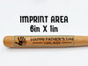 Imprint area for laser engraving measures 6 inches by 1 inch on barrel of mini bat.