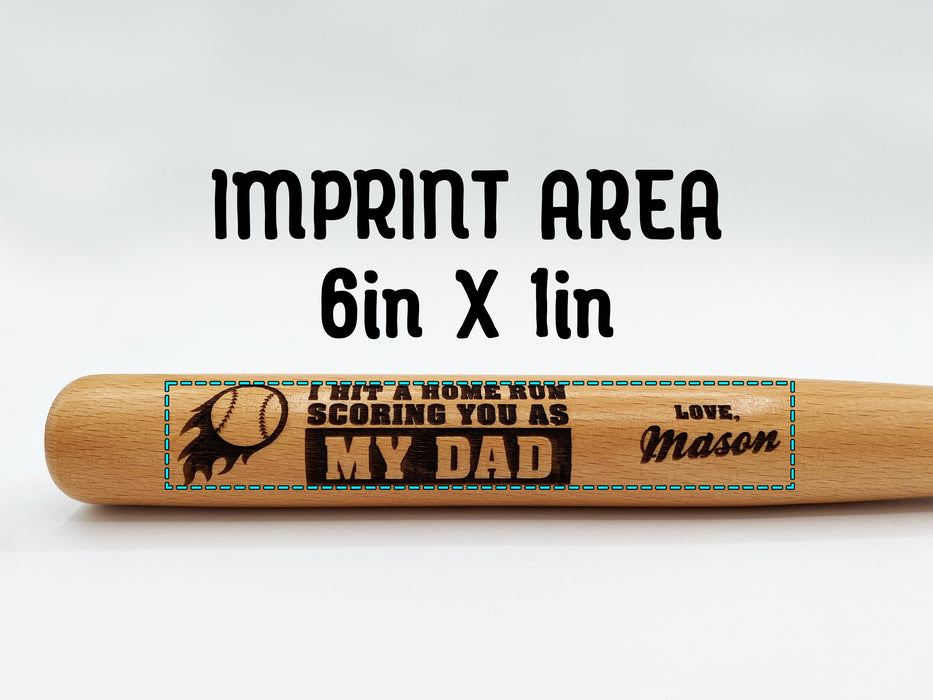 Imprint area for laser engraving measures 6 inches by 1 inch on barrel of mini bat.
