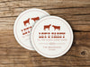 Two coasters are shown stacked on top of each other on wood table. Coasters feature Til The Cows Come Home design. Design shows two cows with the saying Lets Party Til The Cows Come Home with newlyweds last name and wedding date.