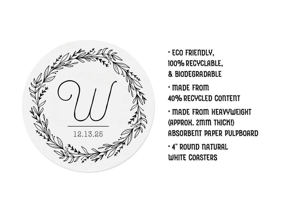 Single coaster beside text. Text says: Eco friendly, 100% recyclable, & biodegradable, Made from 40% recycled content, Made from heavyweight (approx. 2mm thick!) absorbent paper pulpboard, 4 inch Round Natural White Coasters