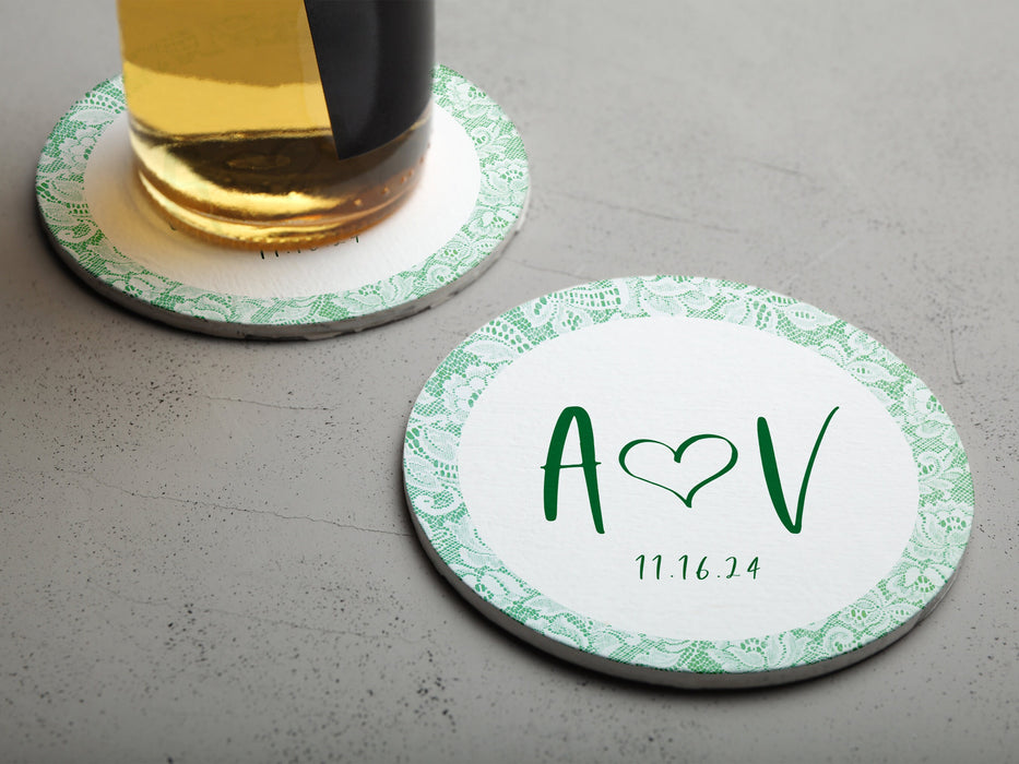 Personalized Green Heart and Lace Wedding Coasters