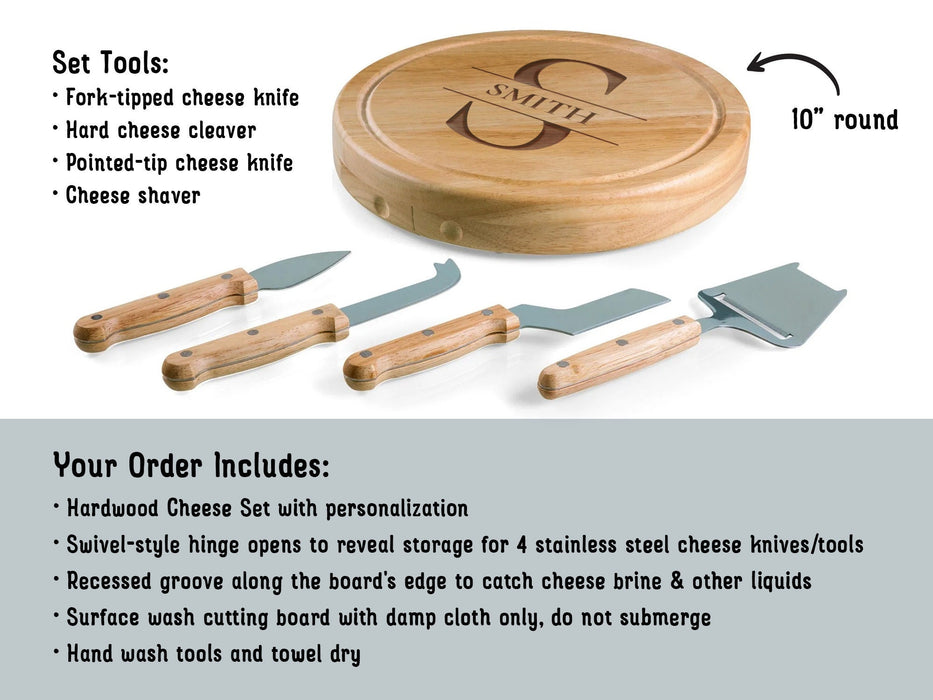 Set Tools include ForkTipped Cheese Knife, Hard Cheese Cleaver, Pointed Cheese Cleaver, Pointed tip cheese knife, cheese shaver Your order includes hardwood cheese set, grooves to catch grease and brine, as well as cleaning instructions are included