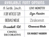 Available Font Options include A Gentle Touch, Love Monster, A Day Without Sun, Sign Painter, Bebas Neue, Znikomit, Brannboll Fet, Chennai Slab, Cinzel Decorative, Eds Market Narrow