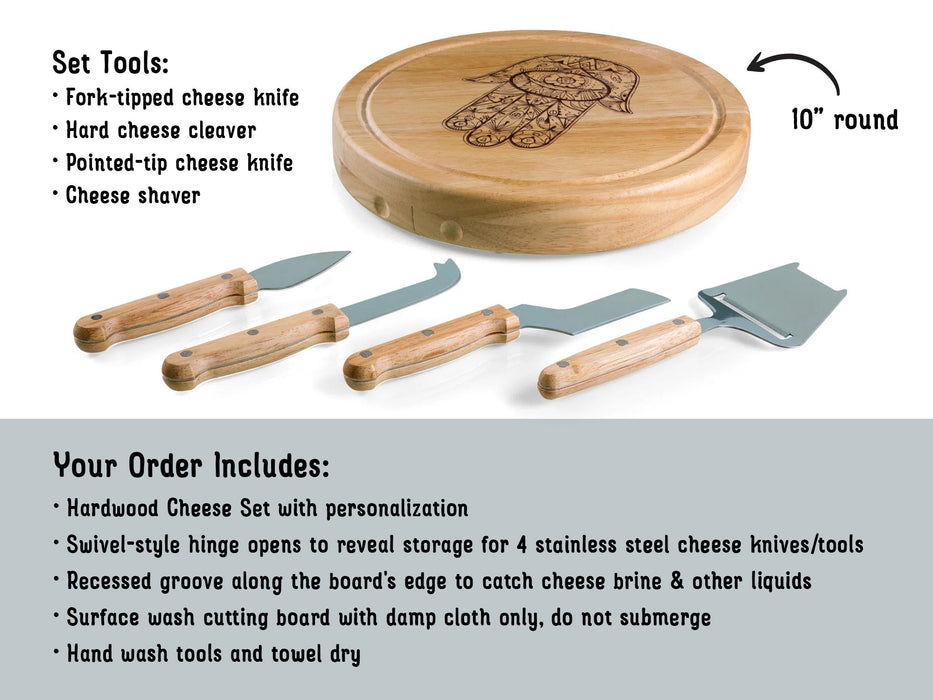 Set Tools include ForkTipped Cheese Knife, Hard Cheese Cleaver, Pointed Cheese Cleaver, Pointed tip cheese knife, cheese shaver Your order includes hardwood cheese set, grooves to catch grease and brine, as well as cleaning instructions are included