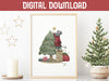 gold framed Christmas print with mouse decorating tree surrounded by gold holiday decor such as a candle, gold stars, and a mini tree decorated with stars and mini lights DIGITAL DOWNLOAD