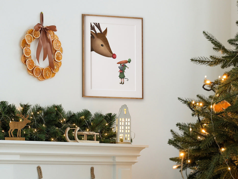wooden frame hanging on wall over a fireplace with christmas print of a mouse elf holding a carrot to a reindeer surrounded by holiday decor such as pine leaves, christmas tree, christmas lights, wooden cutouts of reindeer and sleigh, rustic decor