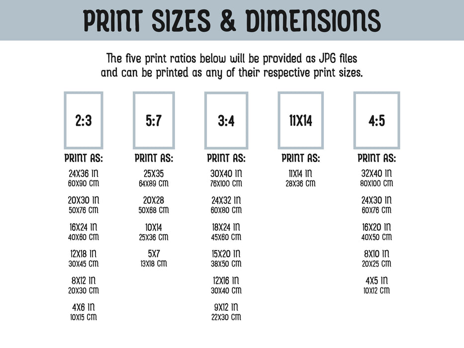 Print sizes and dimensions are listed. The five print ratios will be provided as JPG files and can be printed as any of their respective print sizes. Print ratios are 2:3, 5:7, 3:4, 11x14, 4:5. If you need another size, message us!