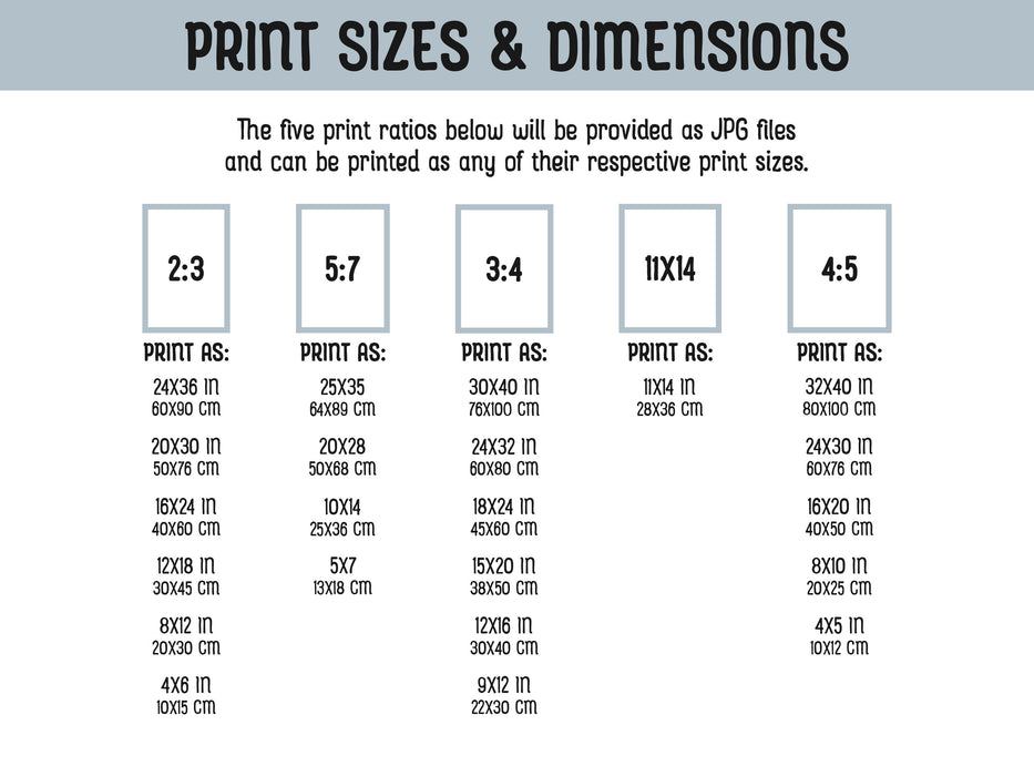 Print sizes and dimensions are listed. The five print ratios will be provided as JPG files and can be printed as any of their respective print sizes. Print ratios are 2:3, 5:7, 3:4, 11x14, 4:5. If you need another size, message us!